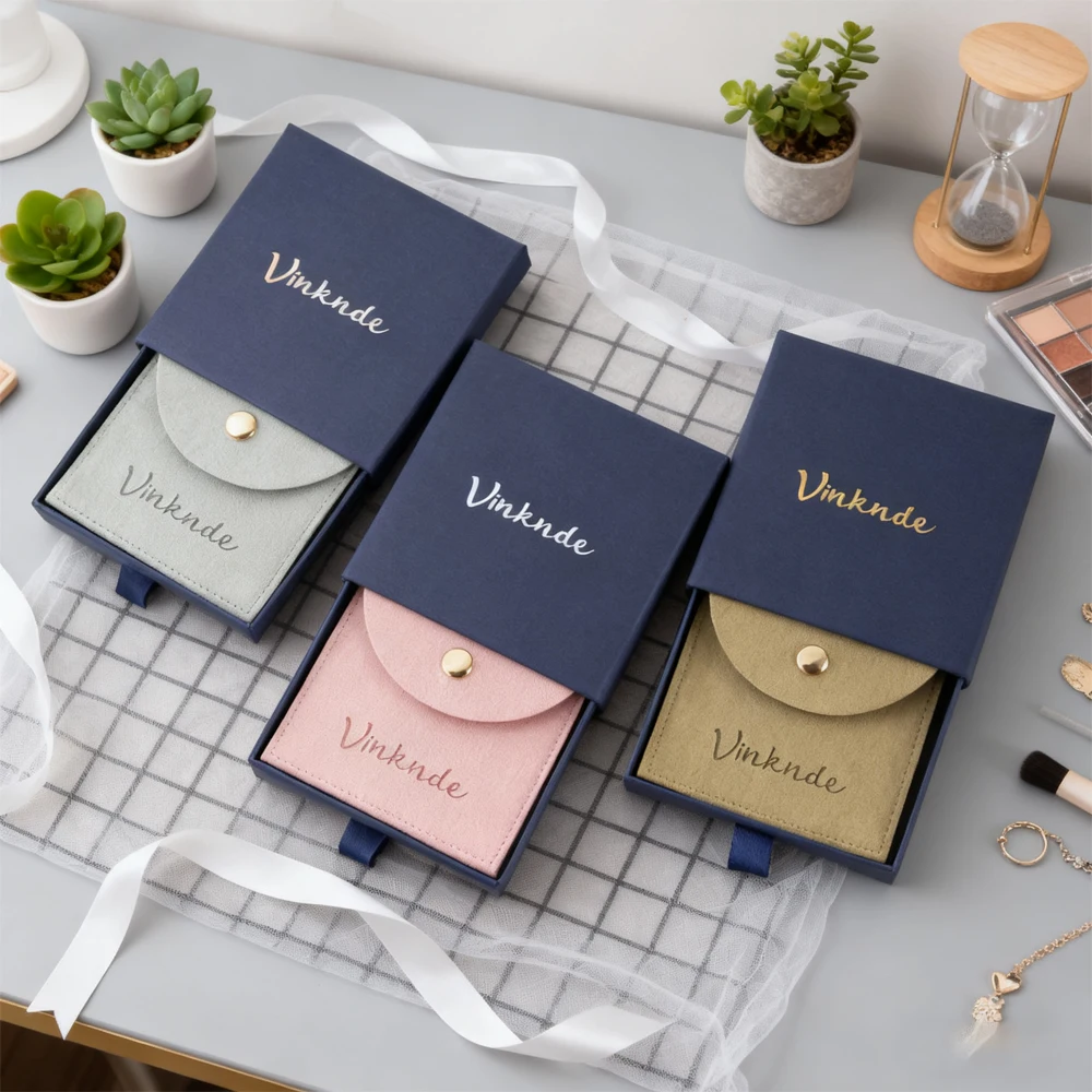 

Custom Logo Paper Drawer Jewelry Box with Microfiber Snap Bag for Necklace Ring Earrings Jewelry Packaging for Small Business