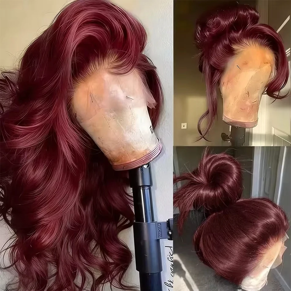

Парик из натуральных бразильских волос, 200% плотности, цвет 99j (бордовый), с HD-кружевом 13x4, волнистый, с предварительно вычесанной линией роста, для женщин
