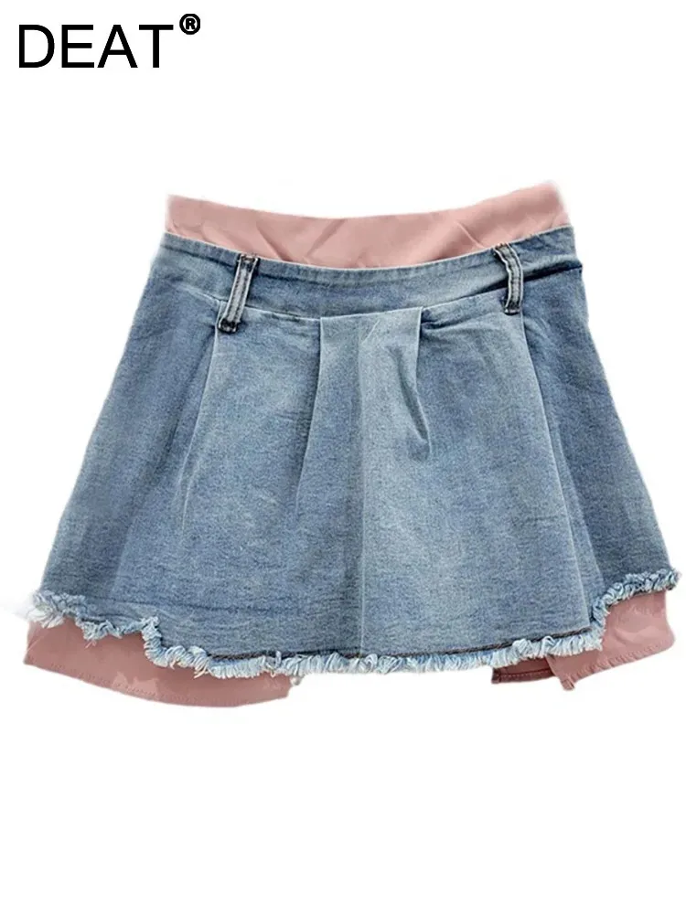 

DEAT Women Denim Skirt Patchwork Contrast Color Fake 2 Pcs Folds A-line Short Burrs Mini Skirt 2024 Summer New Fashion 29L7545