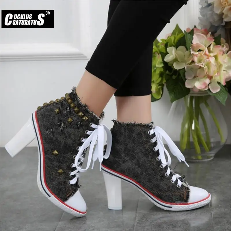 Cuculus Women Shoes High Heels Ankle Boot Square Block Heel Canvas Pumps Rivets Denim Boot Women Black White Blue 1317