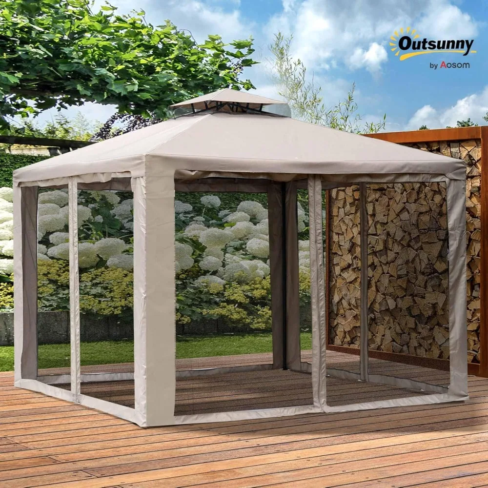 

9.6' x 9.6' Patio Gazebo, Outdoor Canopy Shelter with 2-Tier Roof and Netting, Steel Frame, Customized