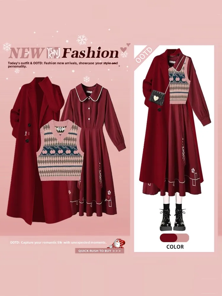 

Новогодний красный двубортный жилет Hepburn Sle Cisas с вышивкой, комплект Dr, модный зимний наряд средней длины