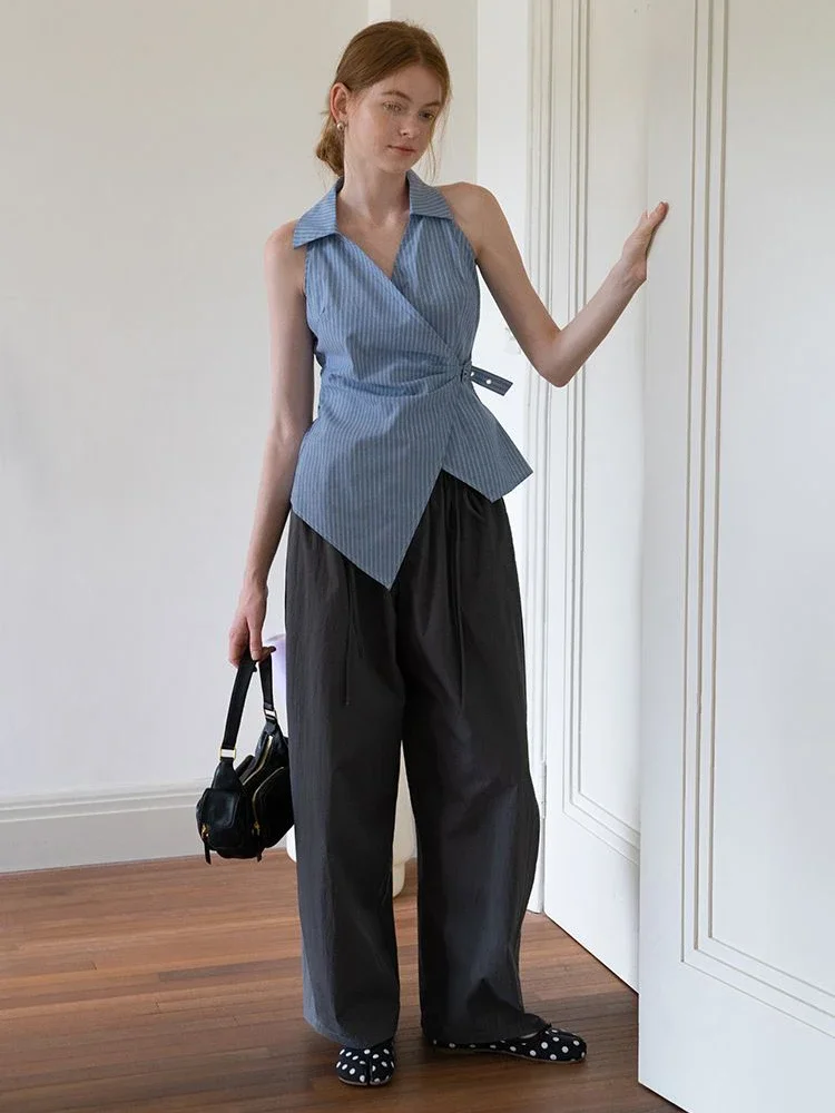 Корейские новые сексуальные майки в нерегулярную полоску с v-образным вырезом, женские летние тонкие элегантные топы без рукавов, модные простые майки с лацканами