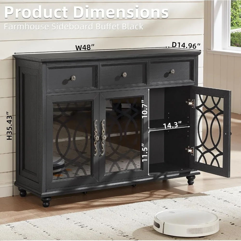 48 Inch, 3 Glass Doors, 3 Drawers Wood, Glass Sideboard Buffet Cabinet Adjustable Shelves, Storage