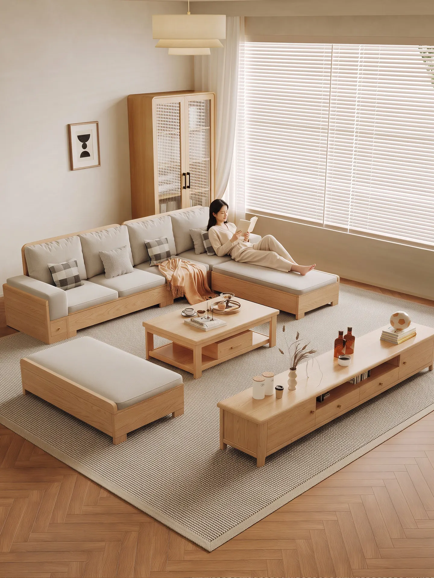 Ash wood all-solid wood sofa Nordic log style small apartment household living room storage straight row sofa winter and summer