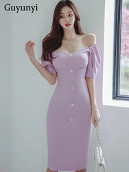 Sexy Party Dress Puff Sleeves V-Neck Off Shoulder Off Back Single Breasted Decoration High Waist Line Sheath Elegant Dress Women