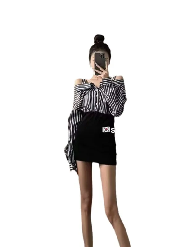 One shoulder shirt dress for women's early autumn design fashionable niche 2024 new spicy girl sexy buttocks short skirt PW3D