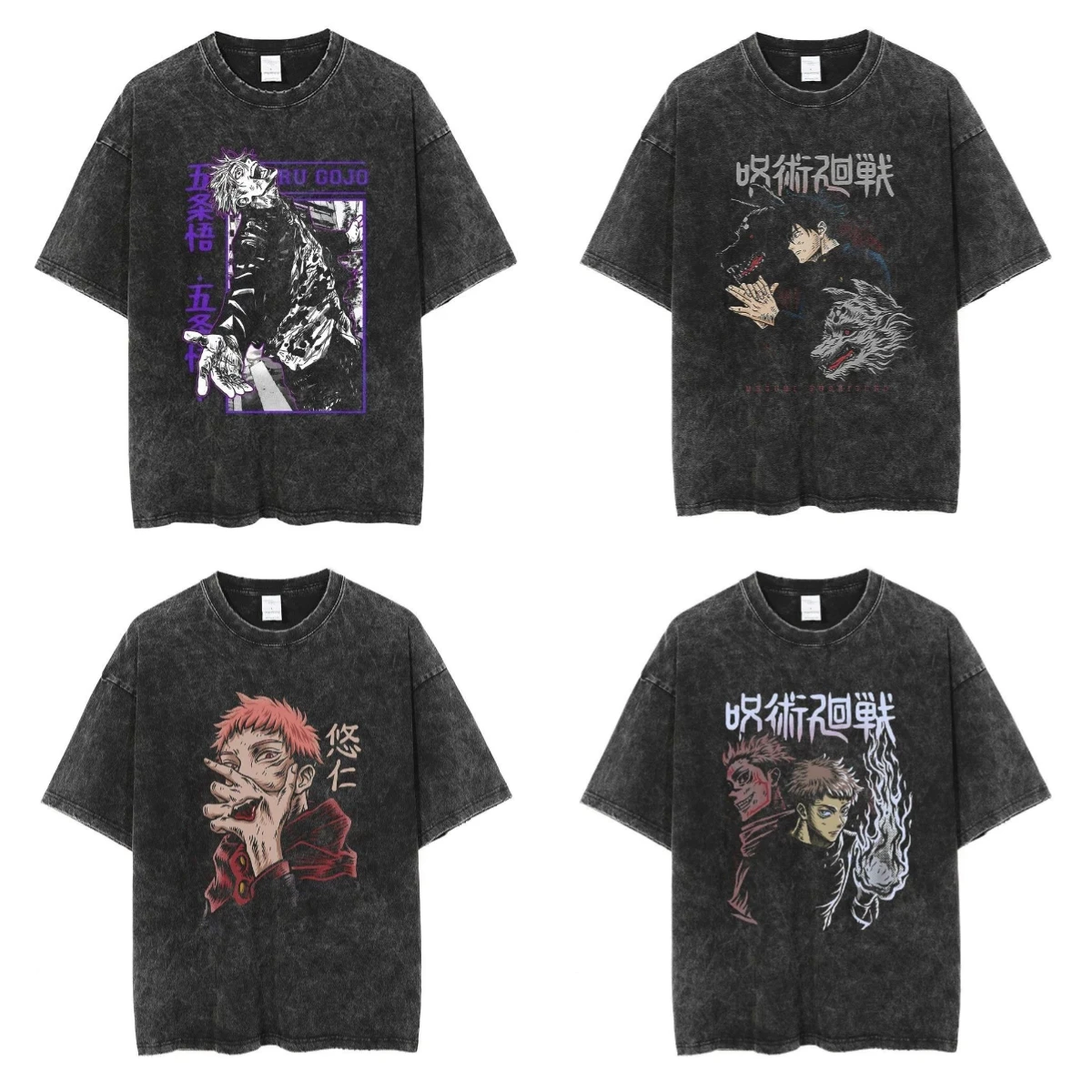 ​ ​ Jujutsu Kaisen Anime T-shirt Set Gojo Satoru Megumi Fushiguro Yuji Itadori Sukuna Vintage Wash Cotton Streetwear ​