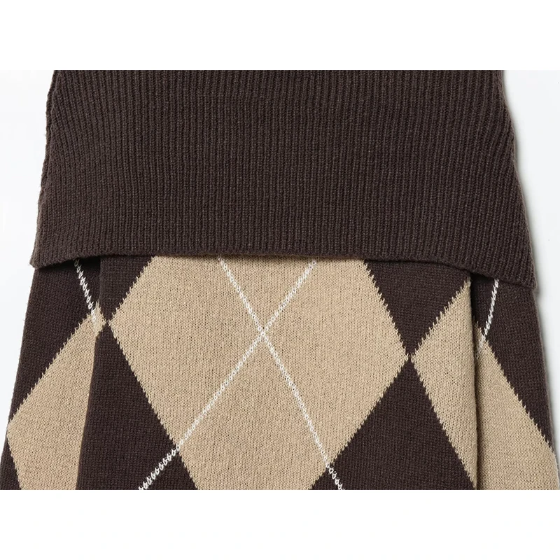 YENKYE خمر Argyle مثير قبالة الكتف متماسكة سترة للنساء كم طويل فضفاض عادية الخريف بلوفر شتوي