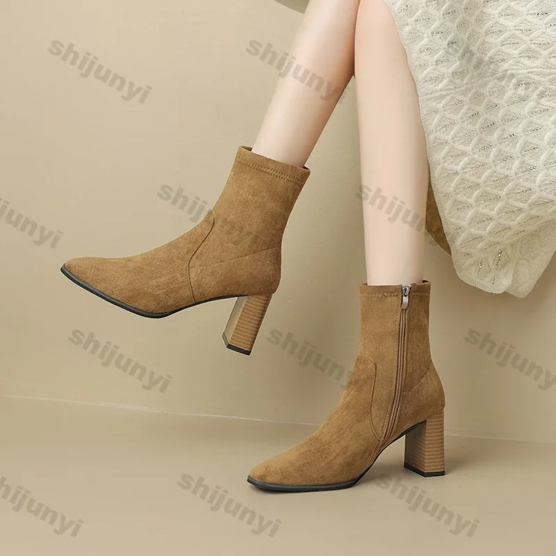 

Женские ботинки на высоком каблуке, осень 2024, модная модная обувь с квадратным носком, женские вечерние однотонные ботильоны на молнии, Botines Para Mujeres