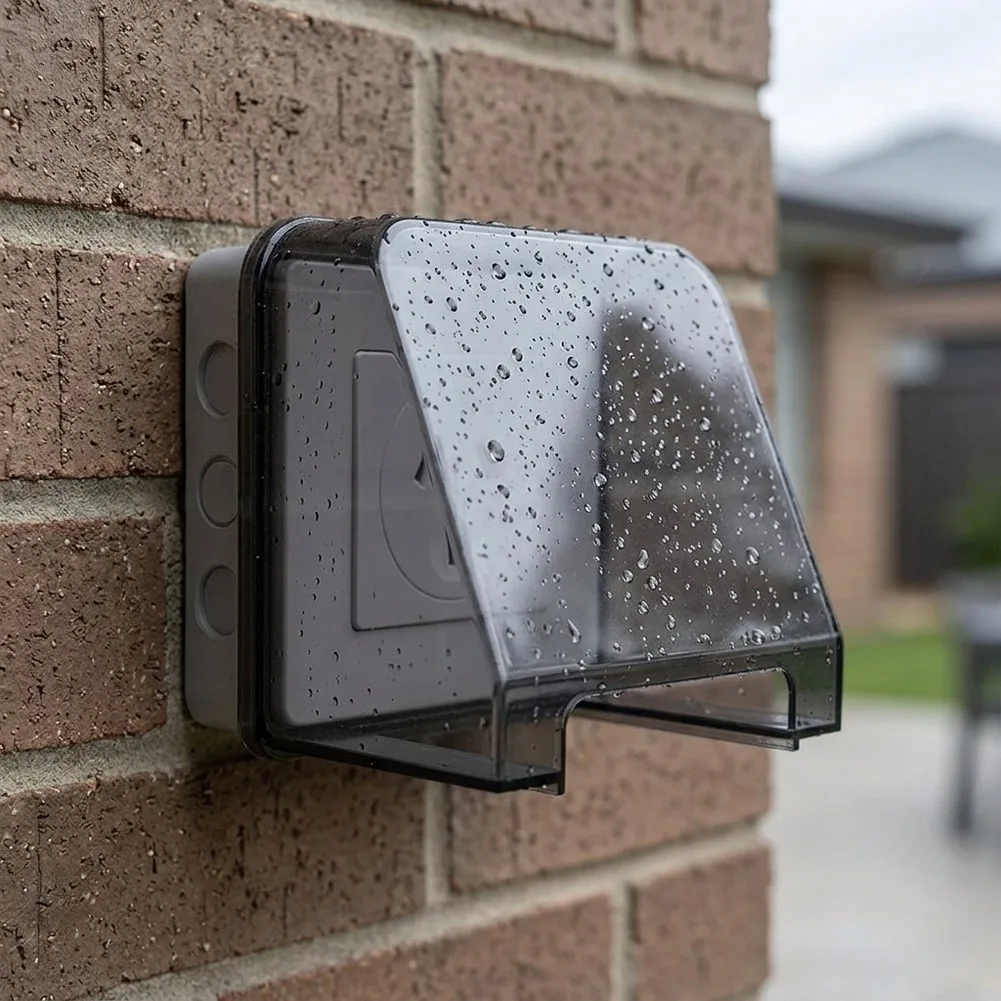 Wall-Mounted Waterproof Power Socket Cover Featuring Flame Retardant PP and Protective Design for Outdoor Environments