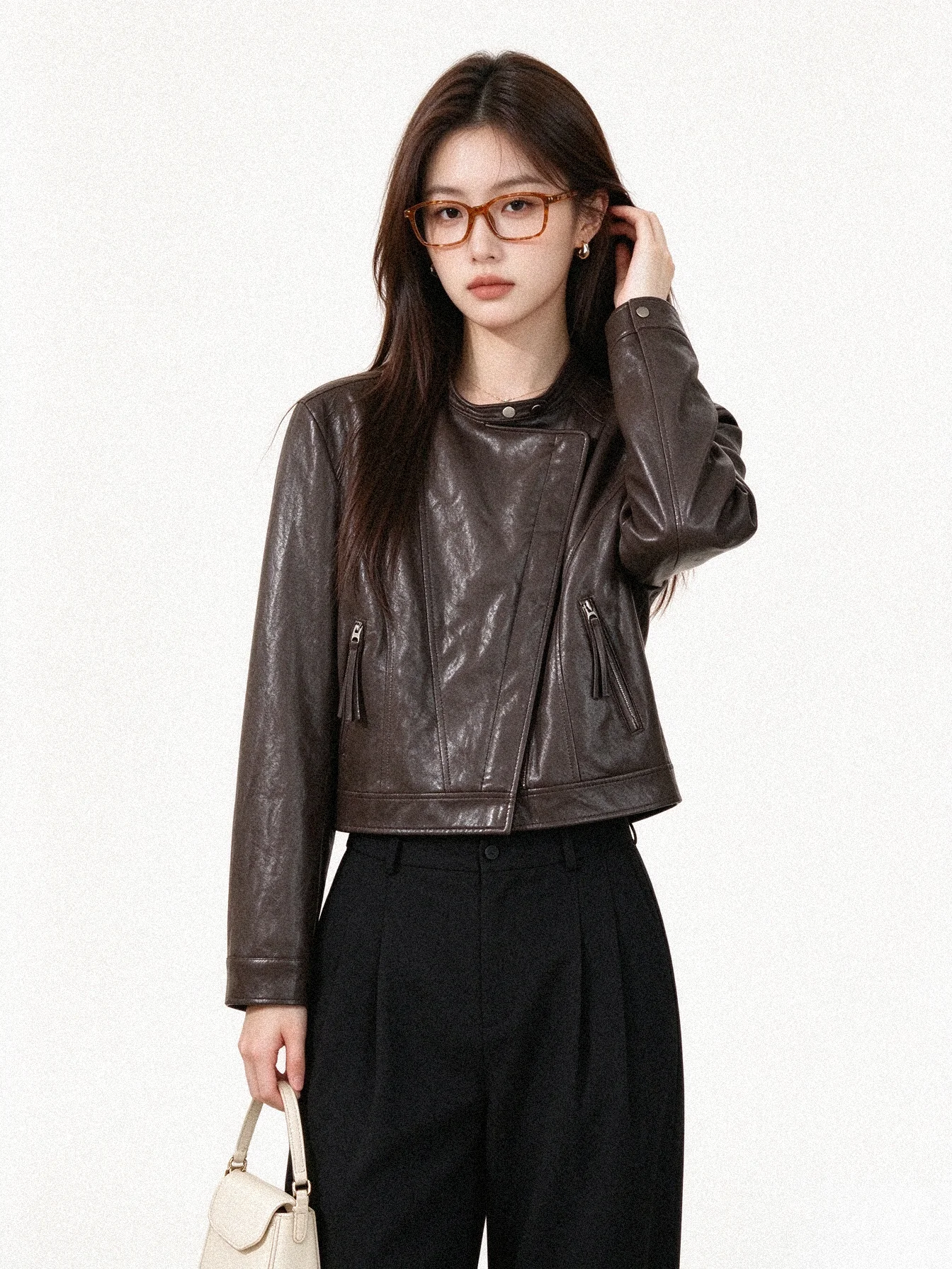 Café Brown Simple High-End Maillard PU Leather Jacket Autumn Stand Collar Oblique Zipper Short Vintage Outerwear Coat