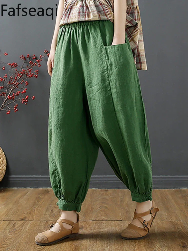 

100% Cotton Linen Lantern Pants for Women 2024 Summer Autumn Retro Casual Baggy Capri Harem Pants Soft High Waist Green Bloomers