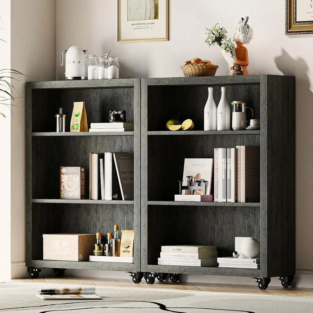

3-Tier Bookshel with Wheels Book Storage Organizer Bookcase loor Standing ixed Shelves Adjustable Shel Display Shelves Cabi
