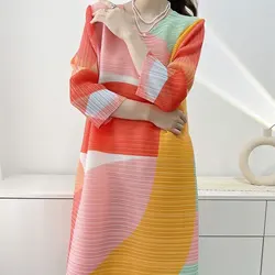 Vestido Midi holgado de manga 2023 para mujer, traje informal con estampado geométrico, cuello redondo, pliegues elegantes, primavera y verano, 3/4