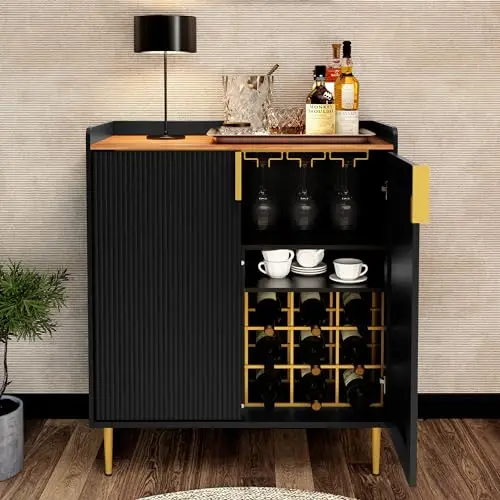 Modern Coffee Bar Cabinet with Fluted Texture, Black | Sideboard Buffet Cabinet with Wine Rack&Drawers, Liquor Cabinet