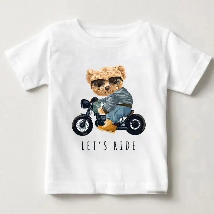 Funny Bear Riding Motorcycle Car Print New Boys And Girls White T-shirt Children's Summer Harajuku Kawaii Funny Baby