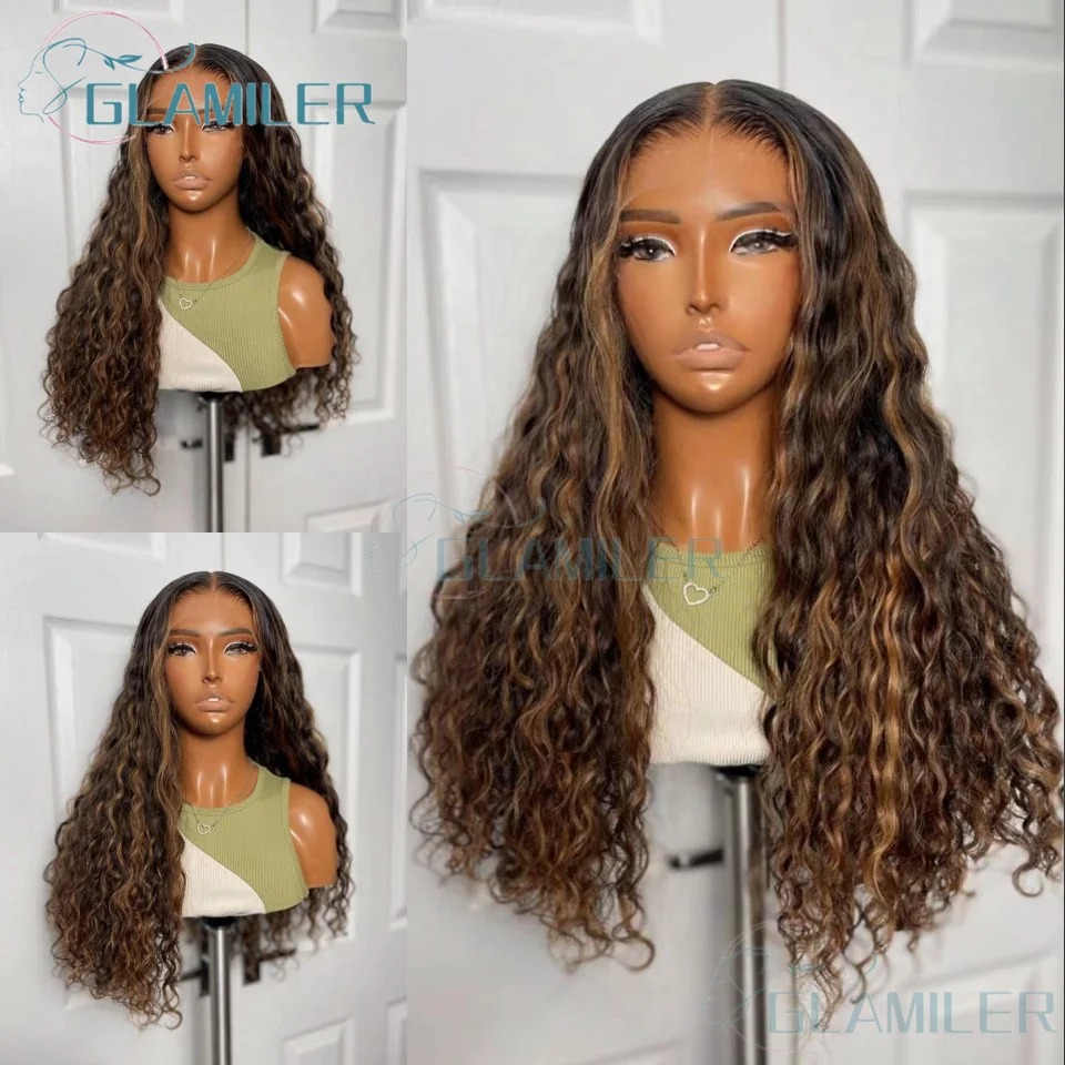 28 Inch Highlight Honey Brown Curly HD Silk Top Lace Front Human Hair Wigs 13x4 13x6 Ombre Color Deep Water Wave Frontal Wigs