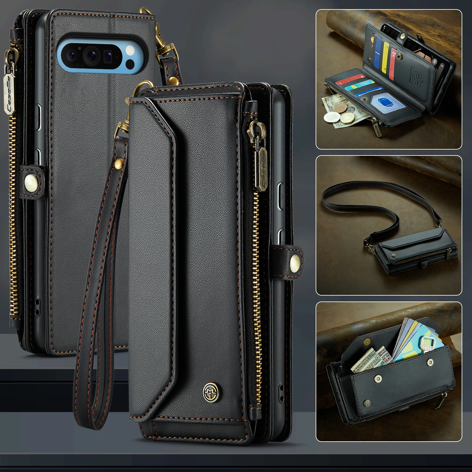 

CaseMe-C36 For Google Pixel 7 8 Pro 9 10 Pro XL 7A 9A Zipper Multi Cards w/Pen Slot Magnetic PU Leather Wallet Case Cover +Strap