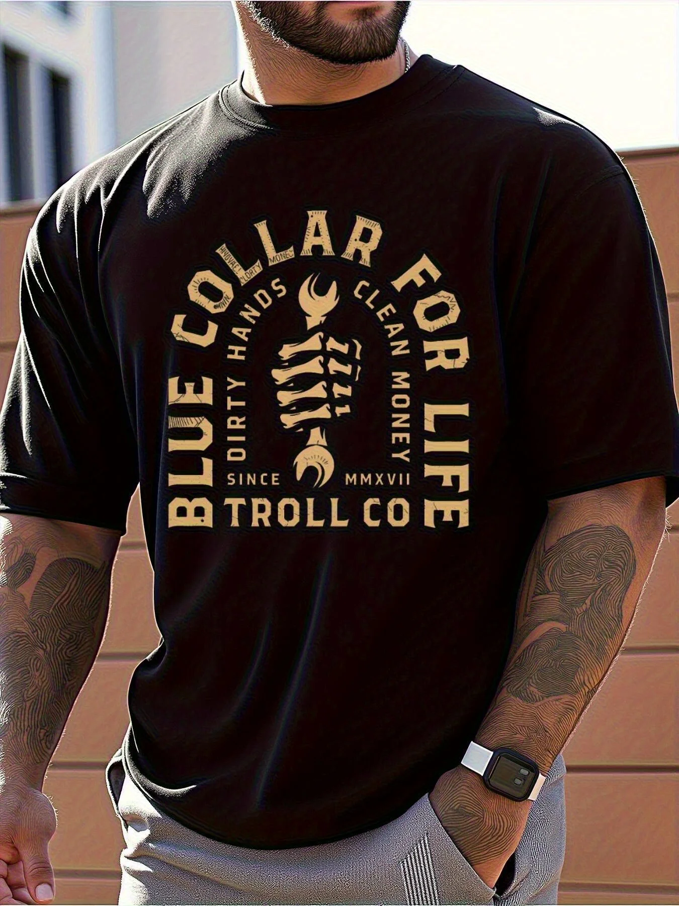 

Men's Heavyweight Cotton T-Shirt - Vintage Industrial Graphic Tee with Skeleton Wrenches - Black Crew Neck Work Shirt