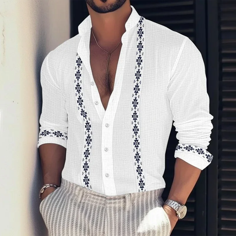 2023 Fashion Button Turn-down Collar Office Blouse Men Holiday Beach Printed Top New Spring Summer Men Casual Cotton Linen Shirt