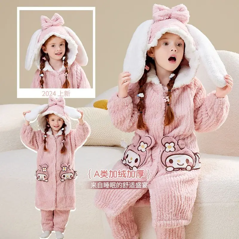 

Hot Sanrio Girl Pajama Set Kuromi Kawaii Anime Fashion Winter Student Hooded Tops Long Pants Children's Clothing 2-Piece Set
