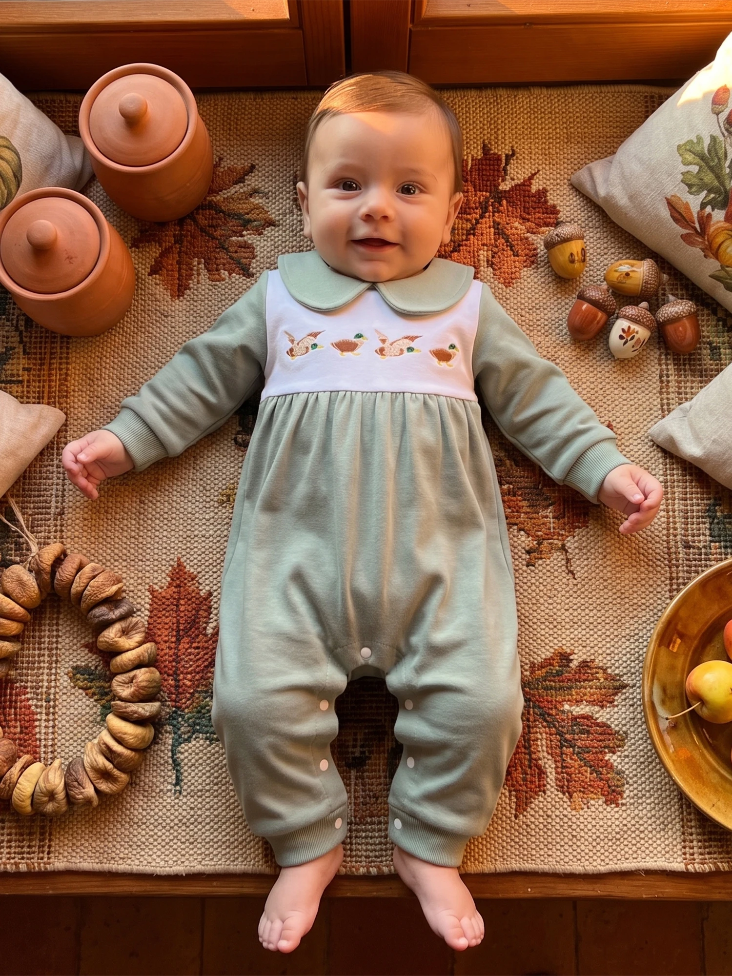 Doll Collar Jumpsuit Cute Duck Embroidery Cute Duck Collar Duck-Embroidery Baby Baby Boy Jumpsuit Baby Boy Fall