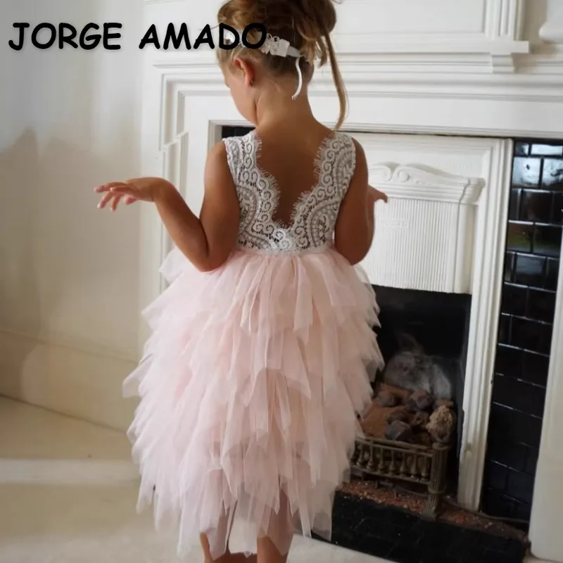 New Summer Kids Girl Princess Dress Sleeveless Lace Open Back Ruffle Tulle Tutu Children Wedding Party Formal Dresses A0001-1