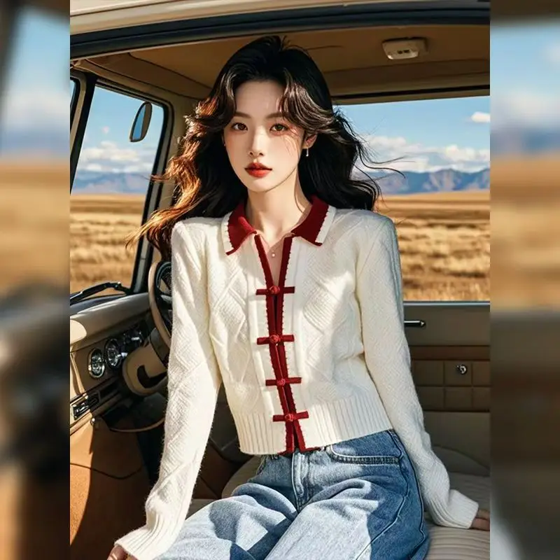 Estilo chinês retalhos camisola de malha cardigan feminino manga longa único breasted senhora do escritório casual camisola malhas 2025 novo