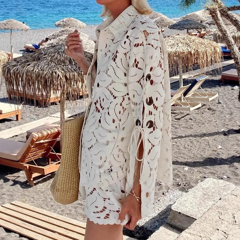 

Spring Autumn Long Sleeve Hollow Suit Women Sexy Lapel Button Shirt Coat+Shorts Set Chic Embroidery Lace Jacquard Crochet Outfit