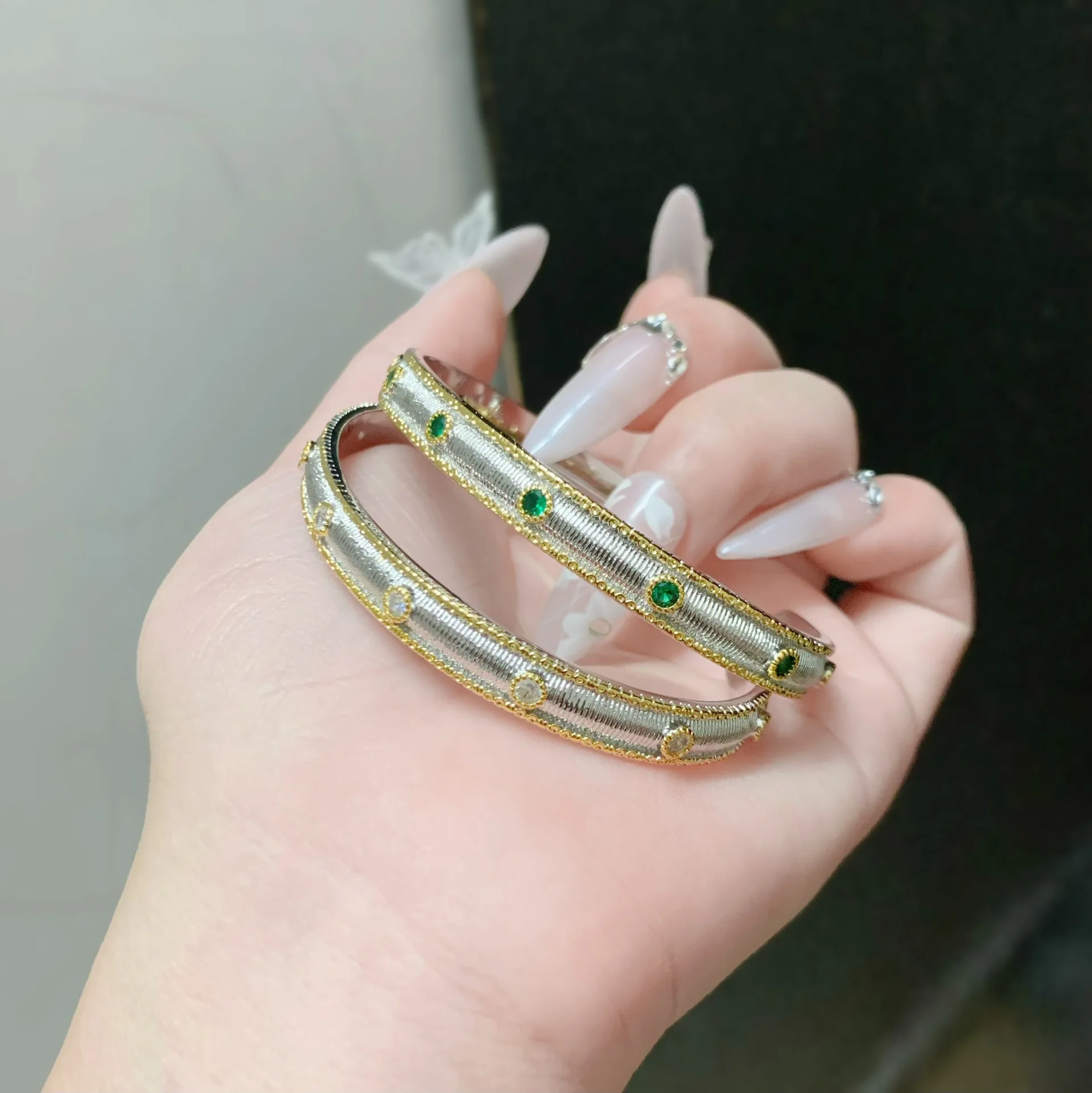 

Italian Bouqi Rati drawing process emerald bracelet women's retro court style micro-inlaid ring opening jewelry set