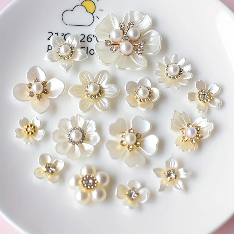 Paquete de 10 (10 por paquete) botones de perlas y diamantes de imitación para la elaboración de joyas, con broches florales de diamantes de imitación y perlas artificiales - resina plástica para decoración de bodas, ramos de novia, adecuados para manualidades en el hogar (dorado)