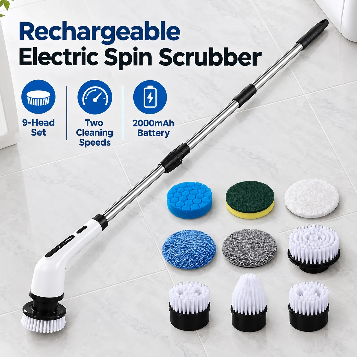 Rechargeable Electric Spin Scrubber, 3-Head and 9-Head Options, Two Cleaning Speeds, 2000mAh Battery, Telescopic Handle, Metal Internal Gears, White or Green, for Bathroom, Kitchen, Bathtub, Tile, Glass and Floor Cleaning