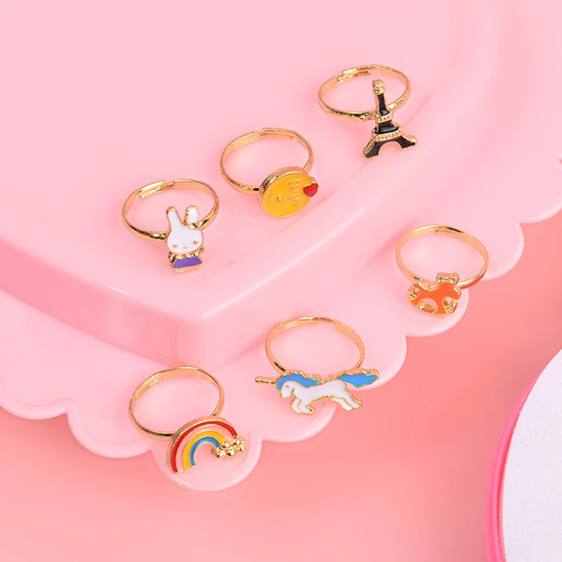 Crianças anéis ajustáveis com mini caixa fingir jogar brinquedo crianças presentes de aniversário maquiagem brinquedos bonito dos desenhos animados jóias liga anel tmz