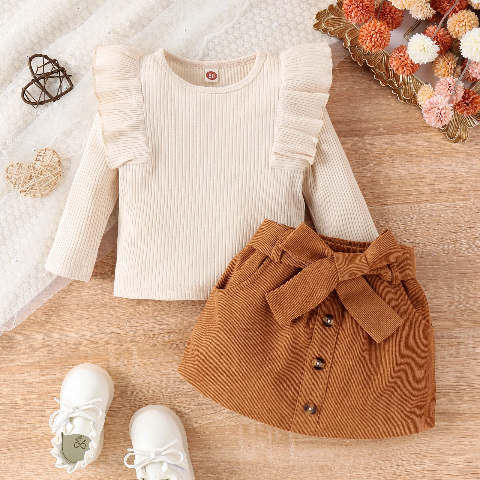 3PCS Autumn New Style 1-4 Year Old Girl Baby Trend Fashionable Round Collar Solid Color Flying Sleeve Top + Corduroy Skirt