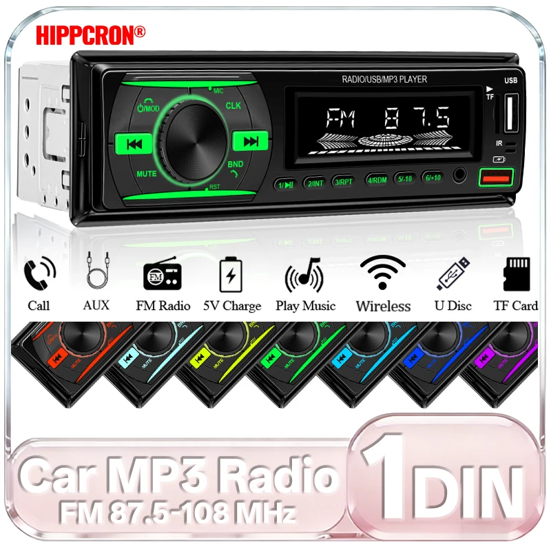 Radio para Auto Hippcron 1Din, Reproductor MP3 12V/24V Universal, Bluetooth, FM, TF, AUX, Manos Libres, Multimedia, Audio Estéreo para Vehículo, Kit para Instalar en el Tablero