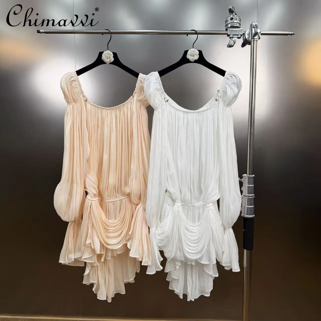 

Spring and Summer New French Chic Off-the-shoulder Mini Dress High Waist Asymmetrical Ruched Waistband Short Women's Dresses