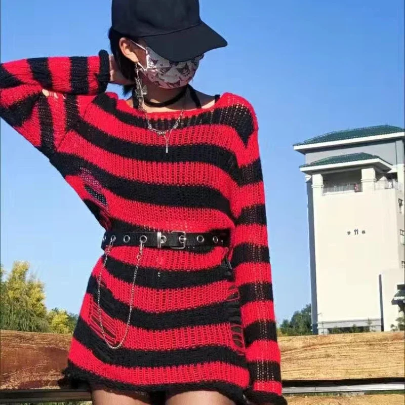 Sexy Hollow Out Striped Long Sweaters Punk Gothic Cool Hole Broken Jumpers Women Over Size Loose Rock Dark  Pullovers Sweaters