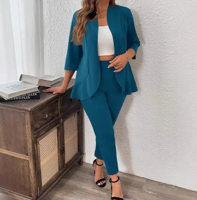 

Autumn and Winter Women's Two-Piece Set Plus Size Solid Color Seven Quarter Sleeved Suit Jacket and Pants Two-Piece Set