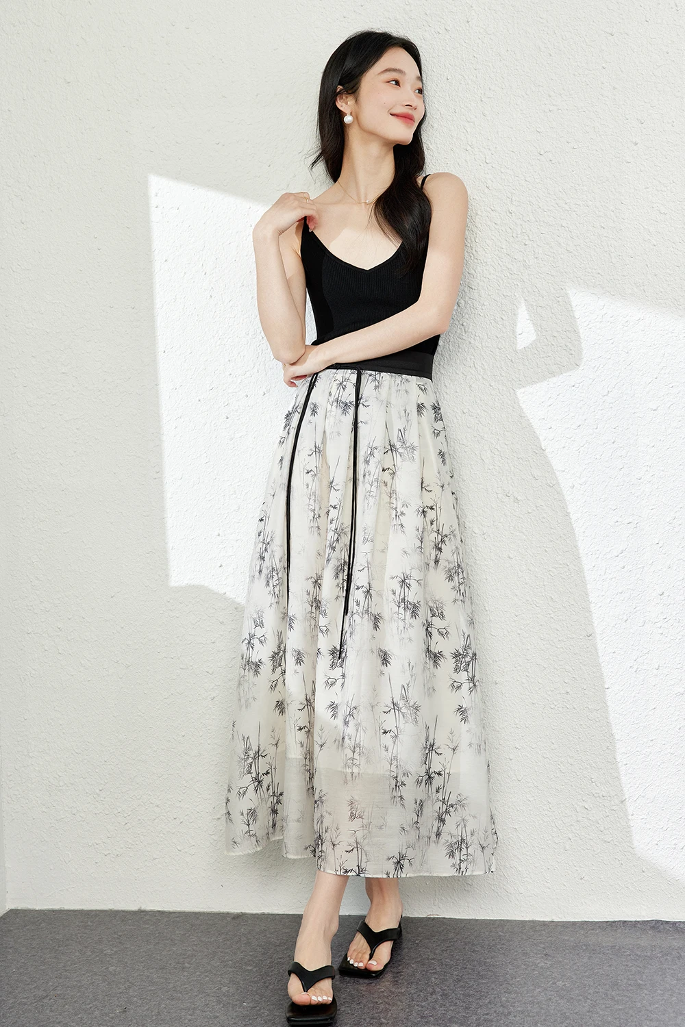 VIMLY Women\'s New Chinese Ink on Bamboo Printed Elegant Skirt Summer New Loose Umbrella A-Line Elastic Waist Skirt With Lining