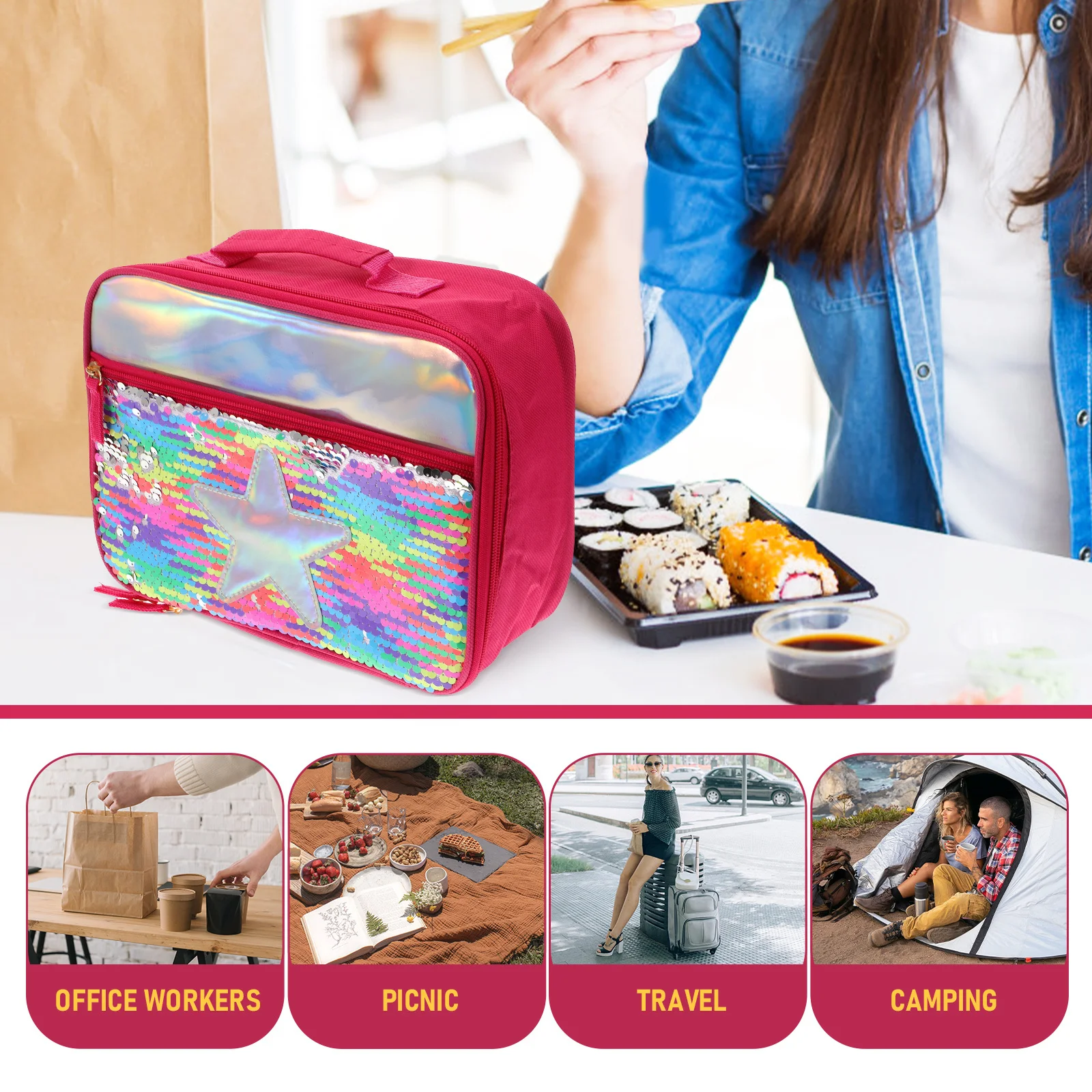 1 個のスパンコール断熱ランチバッグ防水大容量保温ポータブル弁当収納ポーチ職場学校用