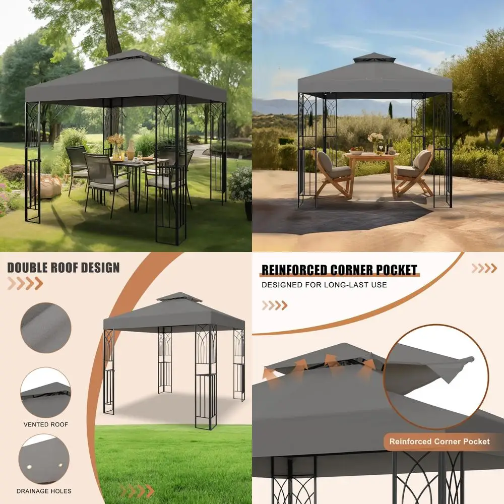 

8x8 Outdoor Pavilion with Corner Shelves, Double Roof Gazebo, Backyard Sun Shelter