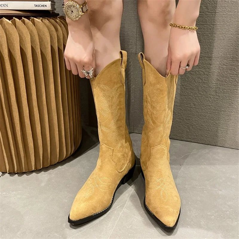 Western boots women's thick heel pointed toe 2022 autumn new four seasons boots V-mouth embroidered mid-boots retro cowboy boots