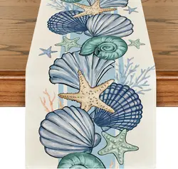 Sea Shell Starfish Summer Linen Table Runners Seasonal Ocean Kitchen Dining Table Decor Farmhouse Holiday Wedding Party Decor