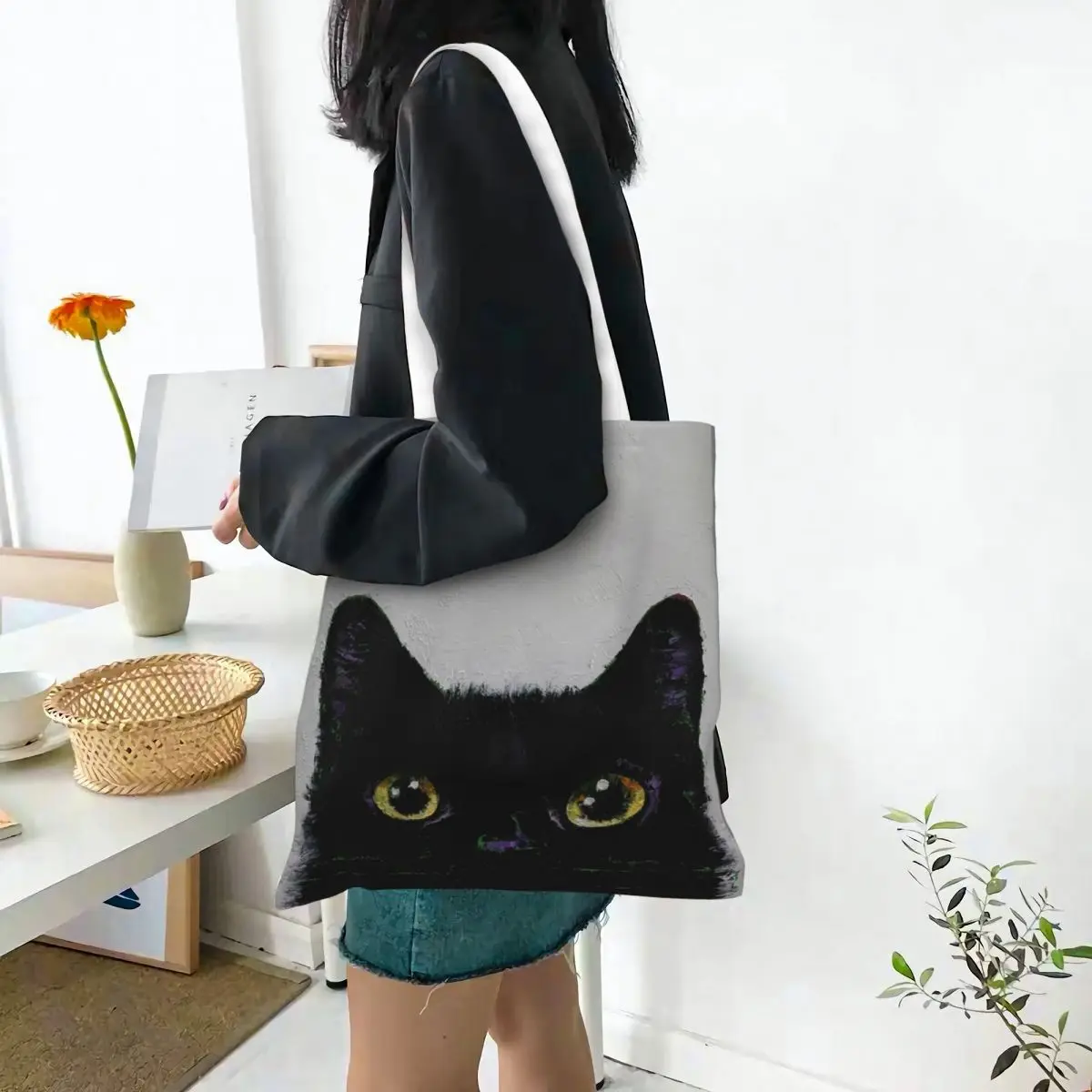 Zwarte Kat Kitty Liefhebber Dier Huisdier Canvas Tas Handtas Schoudertassen Herbruikbare Shopper Tassen Voor Unisex