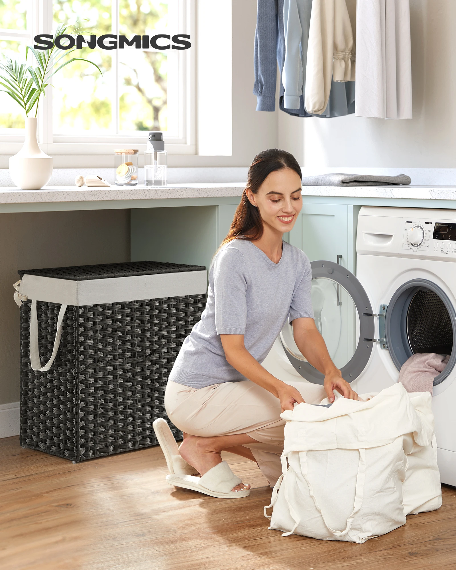

SONGMICS Laundry Hamper with Lid, 110L Clothes Hamper with 2 Removable Liner Bags, 6 Mesh Bags, Wicker Laundry Basket