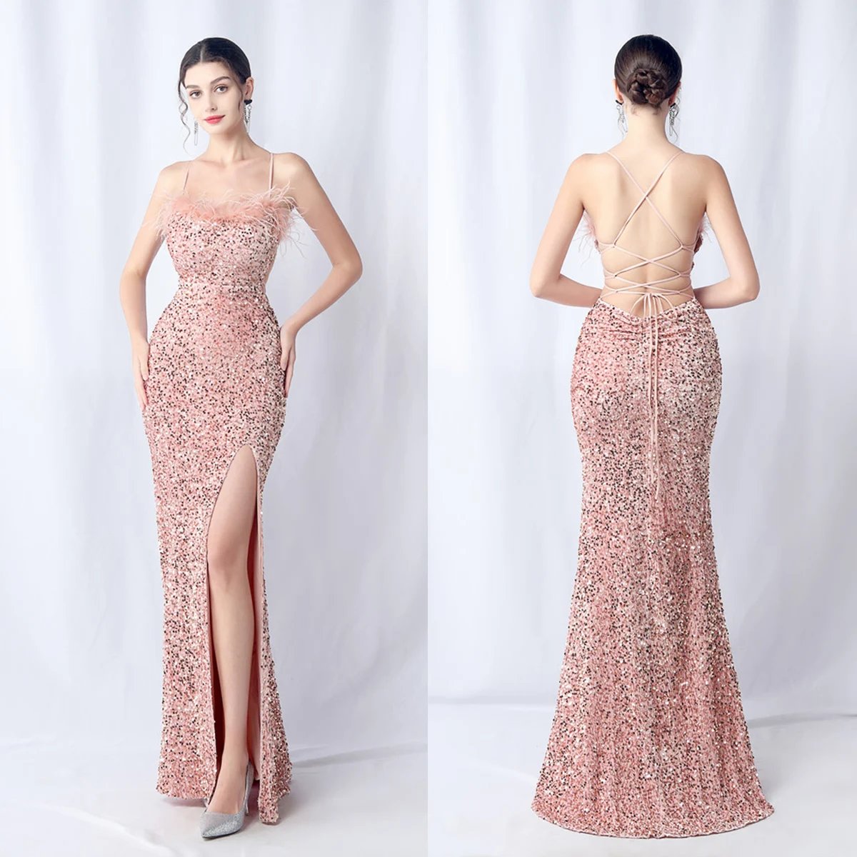 

Evening Dress Pink Sequins Feather Sgaphetti Straps Backless Memraid Trumpet Floor Length Slit Women Party Formal Gown YE446