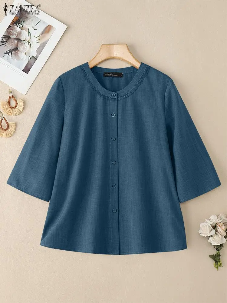 2025 ZANZEA Camicie da donna Moda Manica 3/4 Girocollo Solido Casual Top Estate Primavera Camicetta da donna Abbigliamento elegante Blusas