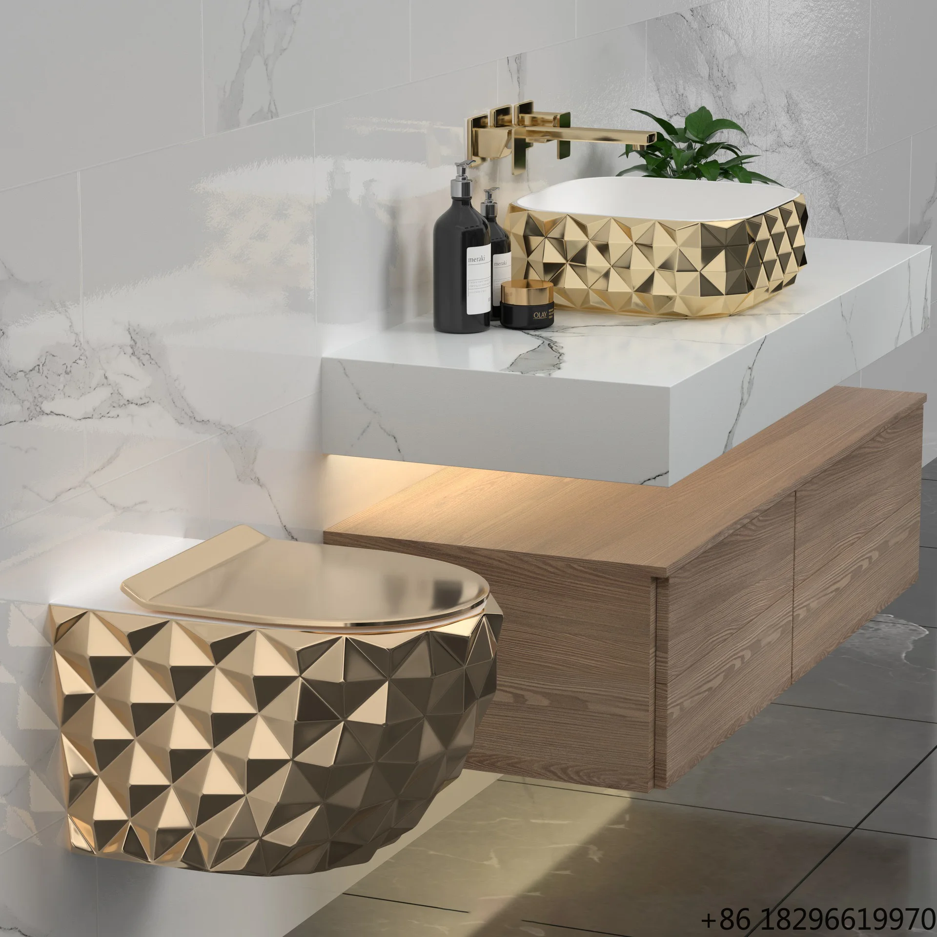 

Luxury Gold Diamond Pattern Wall Mounted Ceramic Toilet Sink Option for Hotel Villa