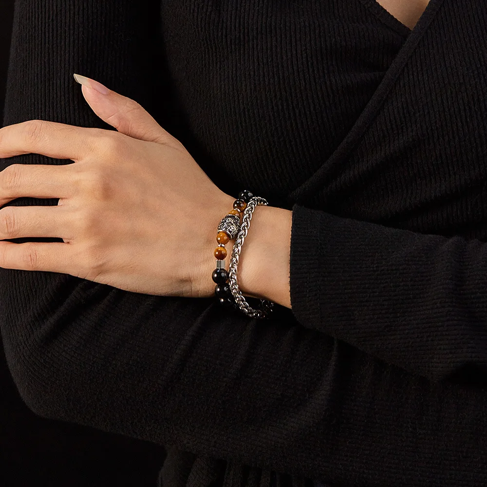 Double Black Agate Tiger Eye Stones Bracelet Men's tainless Steel Layer Round Magnet Bead Luxury Bracelet for Men Women Jewelry